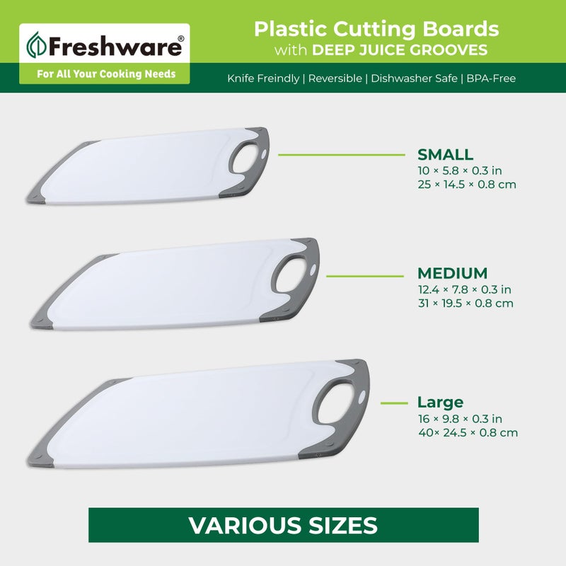 Freshware ألواح تقطيع فريش وير للمطبخ، مجموعة 3 ألواح تقطيع بأحجام مختلفة، أخاديد عصير ومقابض غير قابلة للانزلاق - قابلة للعكس، مجموعة ألواح تقطيع كبيرة - آمنة للغسالة الصحون - رمادي - Image 4